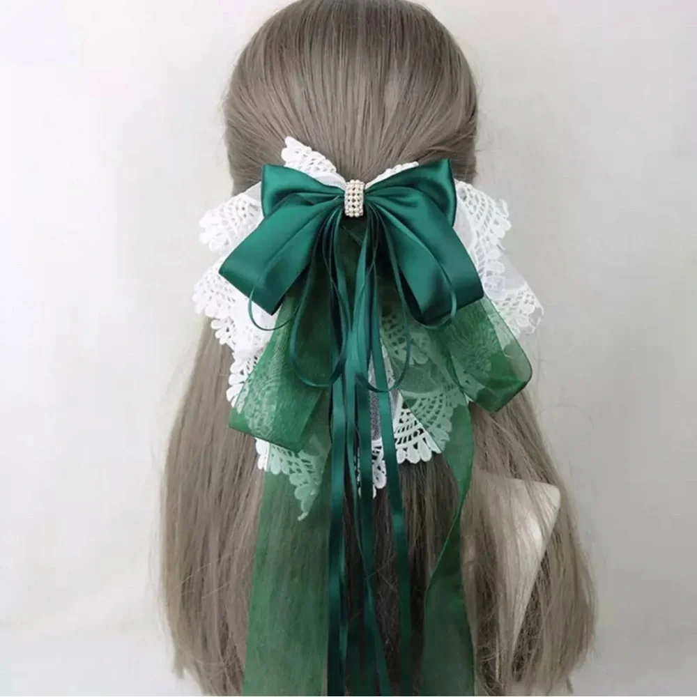 Long Oversized Satin & Lace Bow French Barrette Hair Clip